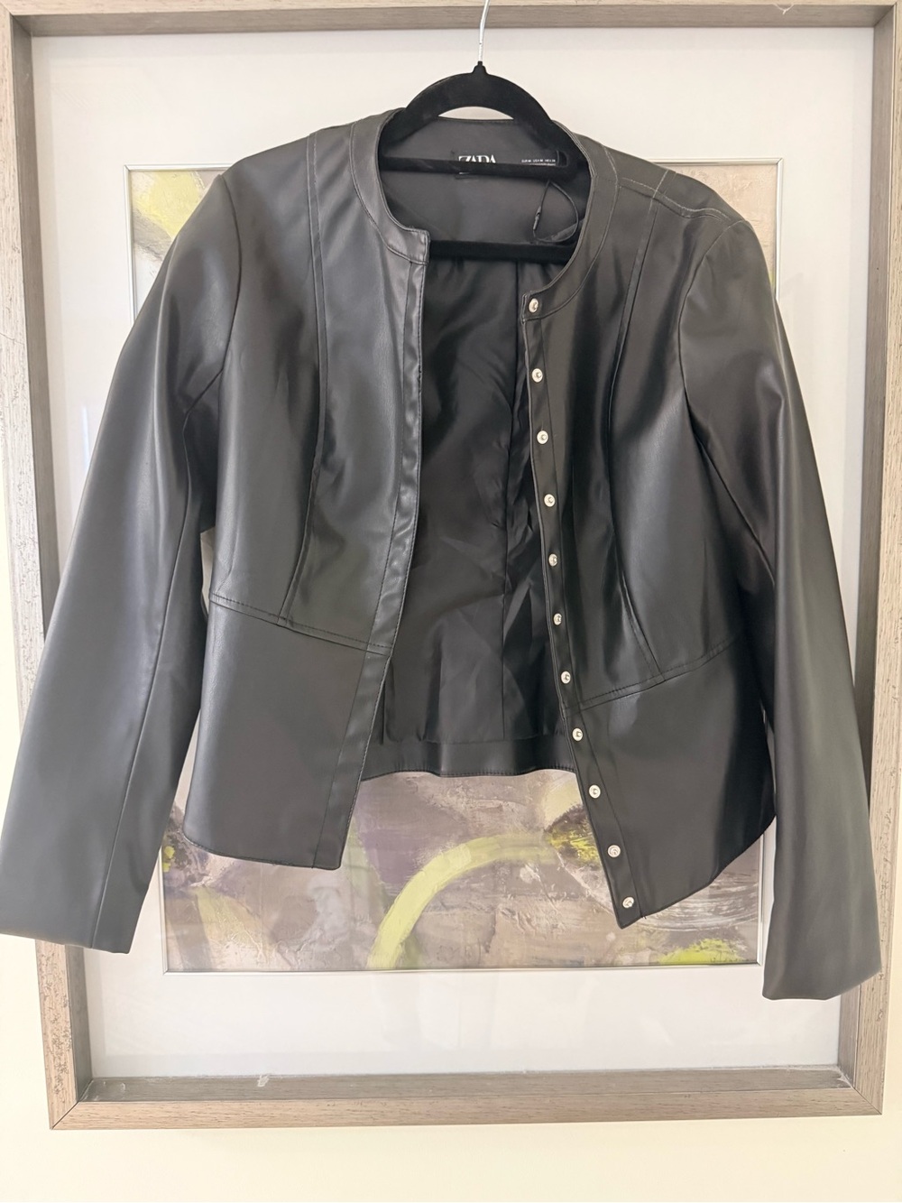 Zara Black Faux Leather Collarless Snap-Front Jacket